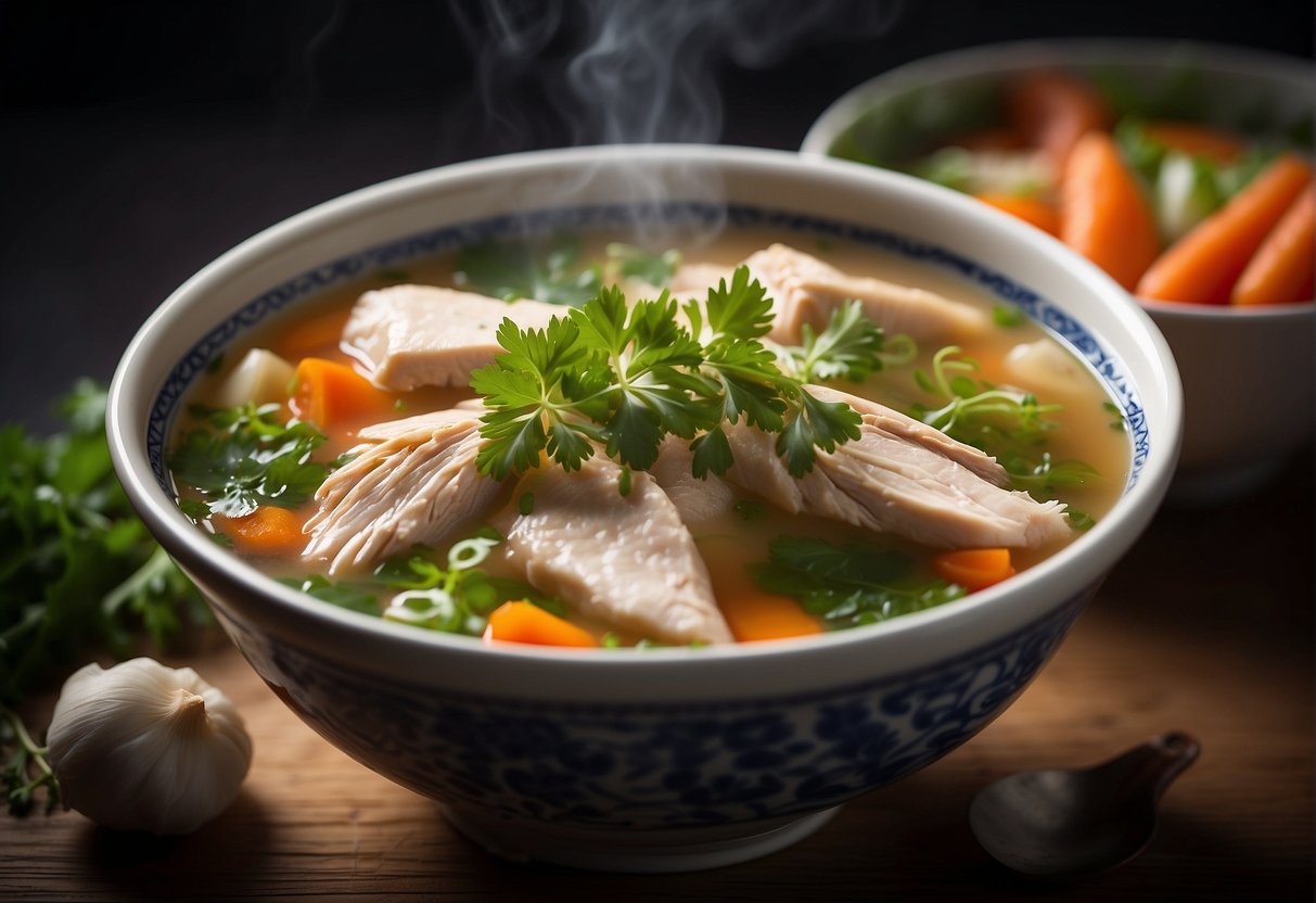 A steaming bowl of Chinese chicken soup with visible chunks of tender chicken, fresh vegetables, and fragrant herbs floating in a clear, savory broth