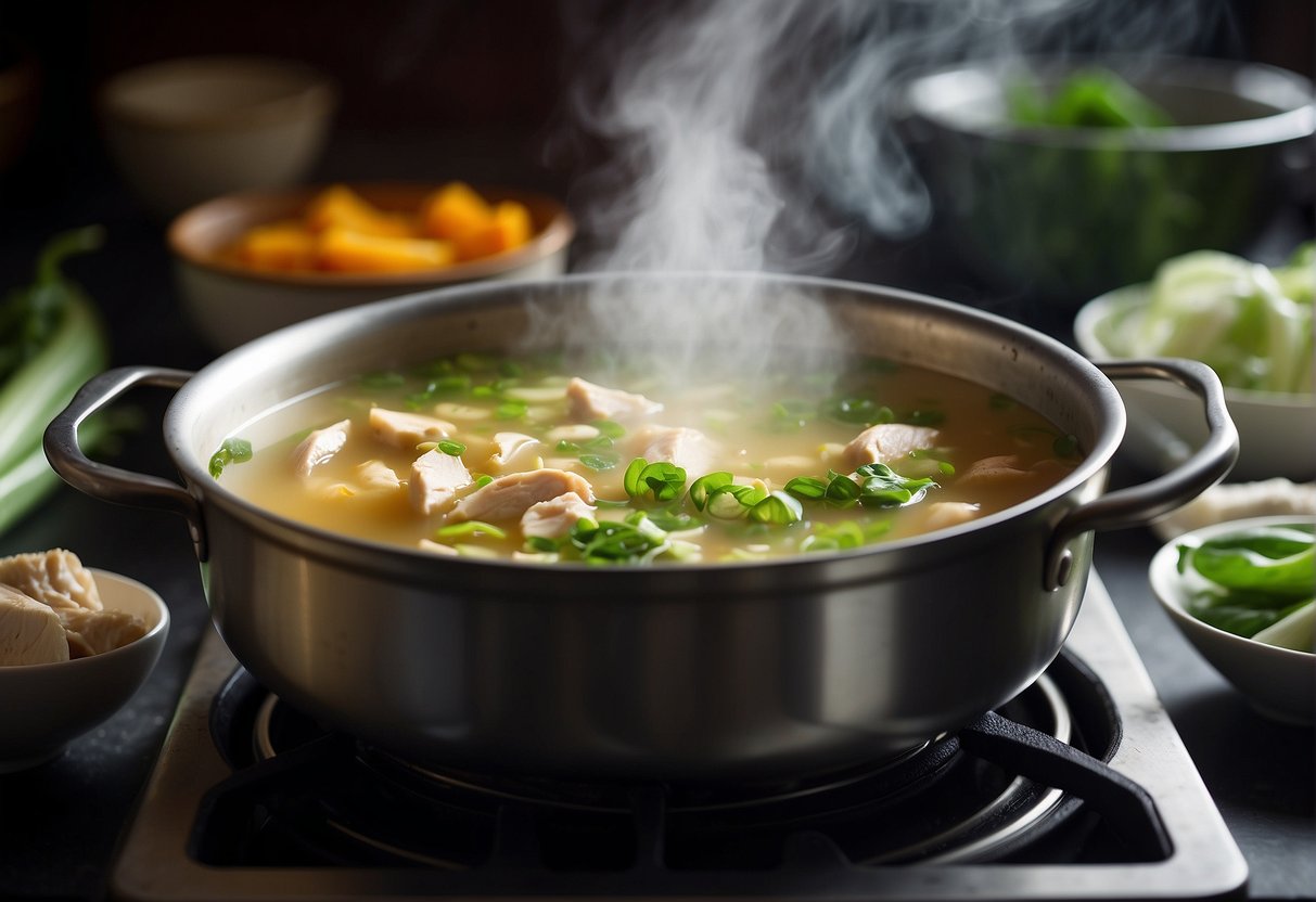 A steaming pot of Chinese chicken soup simmers on a stove. Fresh ginger, garlic, and scallions float in the fragrant broth, with tender pieces of chicken and bok choy adding color and texture