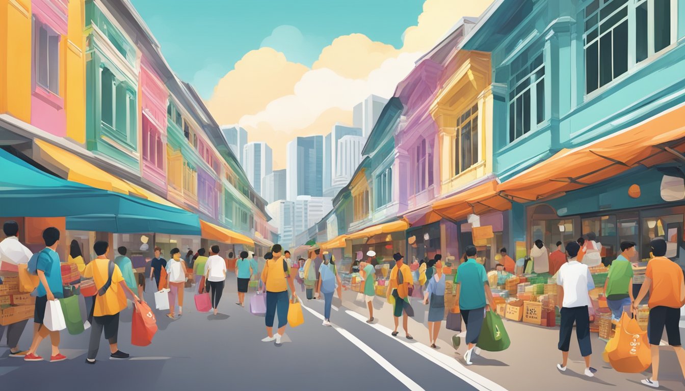 A vibrant street scene in Singapore, with a local brand bag displayed prominently in a bustling marketplace