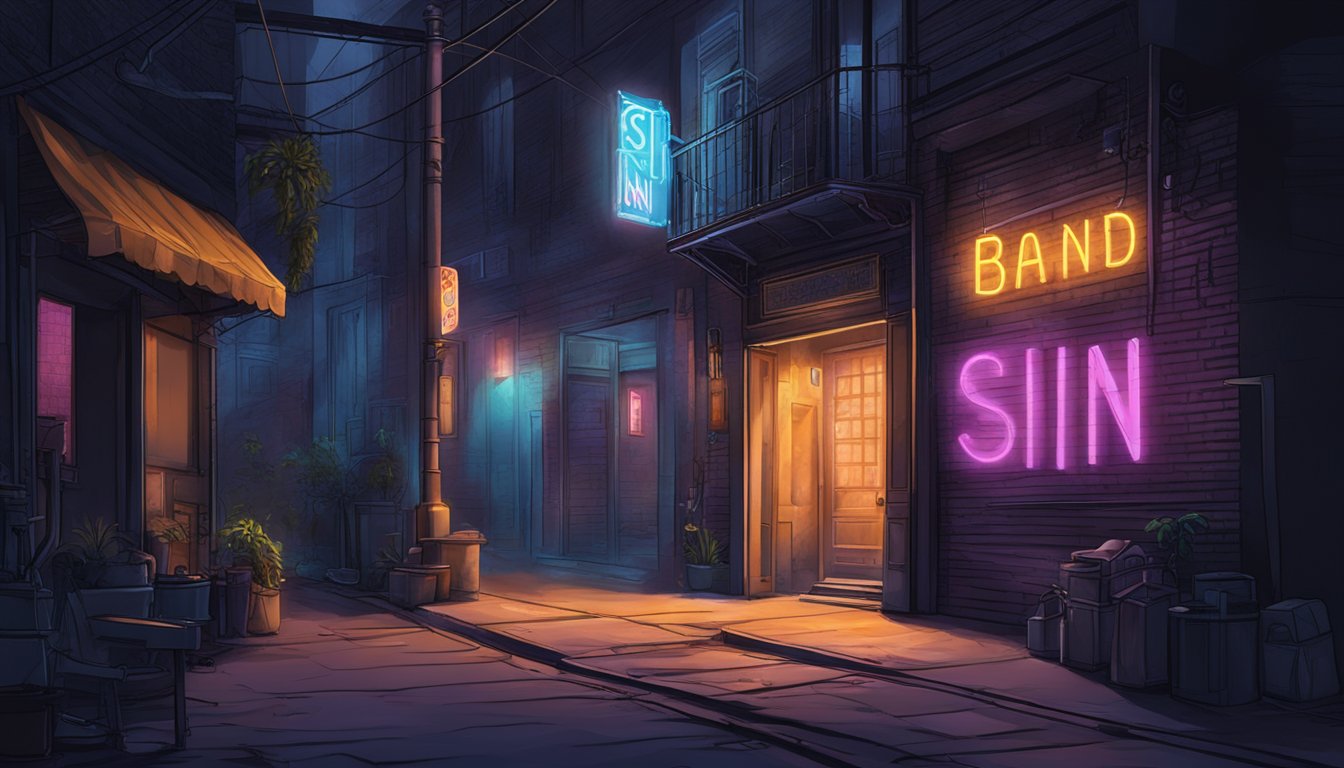 A dark, smoky alleyway with a glowing neon sign reading "sin brand" above a mysterious doorway