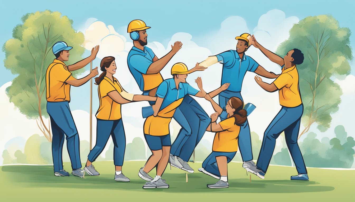 A group of people engage in team-building activities, like trust falls and problem-solving exercises, at a corporate retreat. The company's logo is prominently displayed on banners and team uniforms