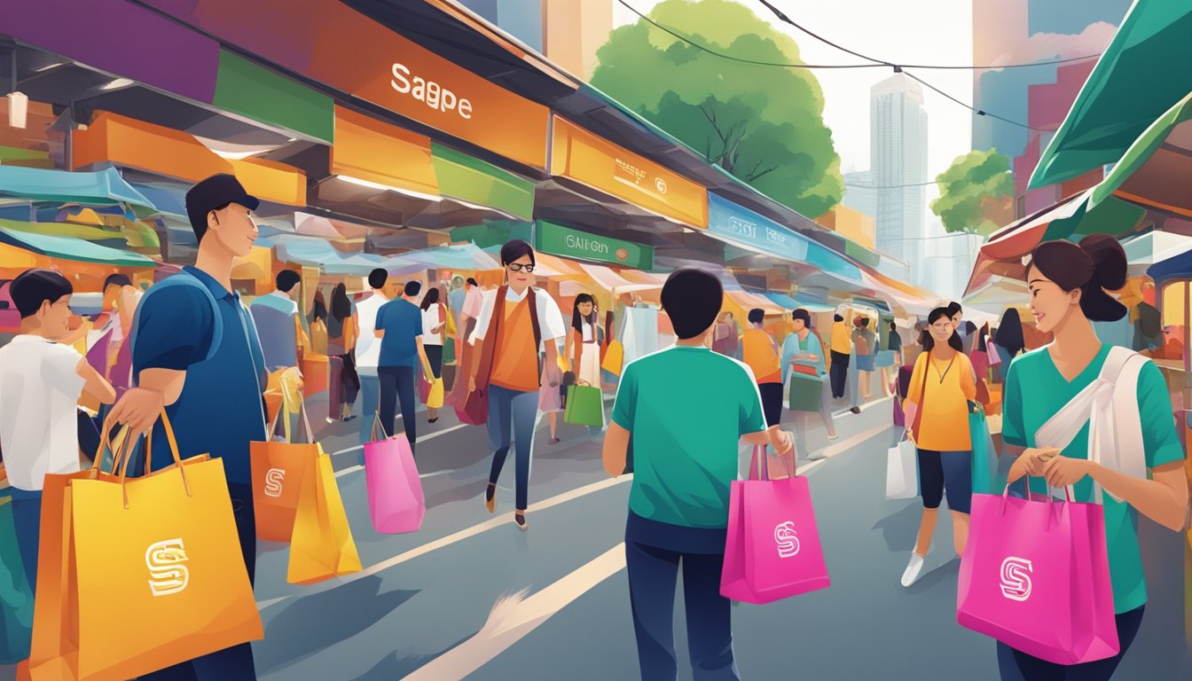 A display of Singapore local brand bags in a vibrant, bustling market setting, showcasing the diversity and creativity of the designs