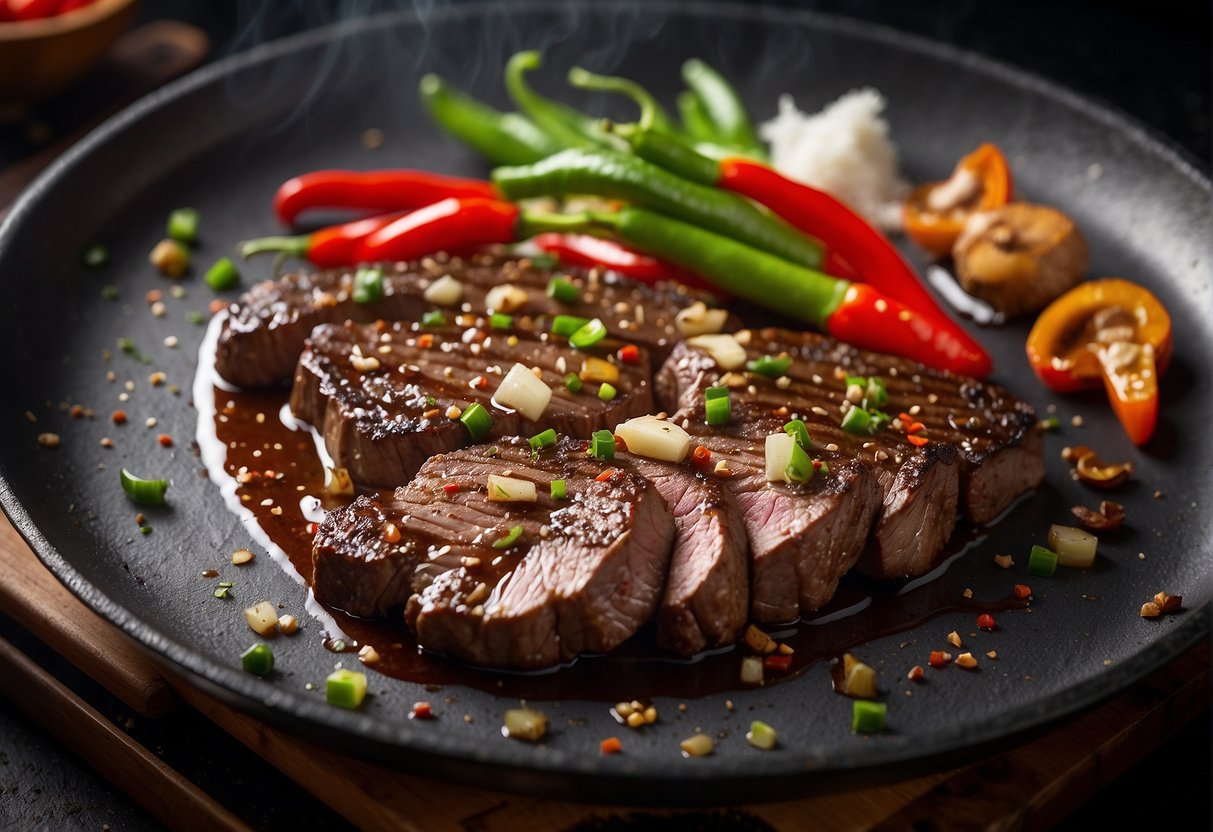 Sizzling steak in a hot wok with black pepper sauce, garlic, and ginger. Steam rising, intense aroma. Chopped scallions and red peppers nearby