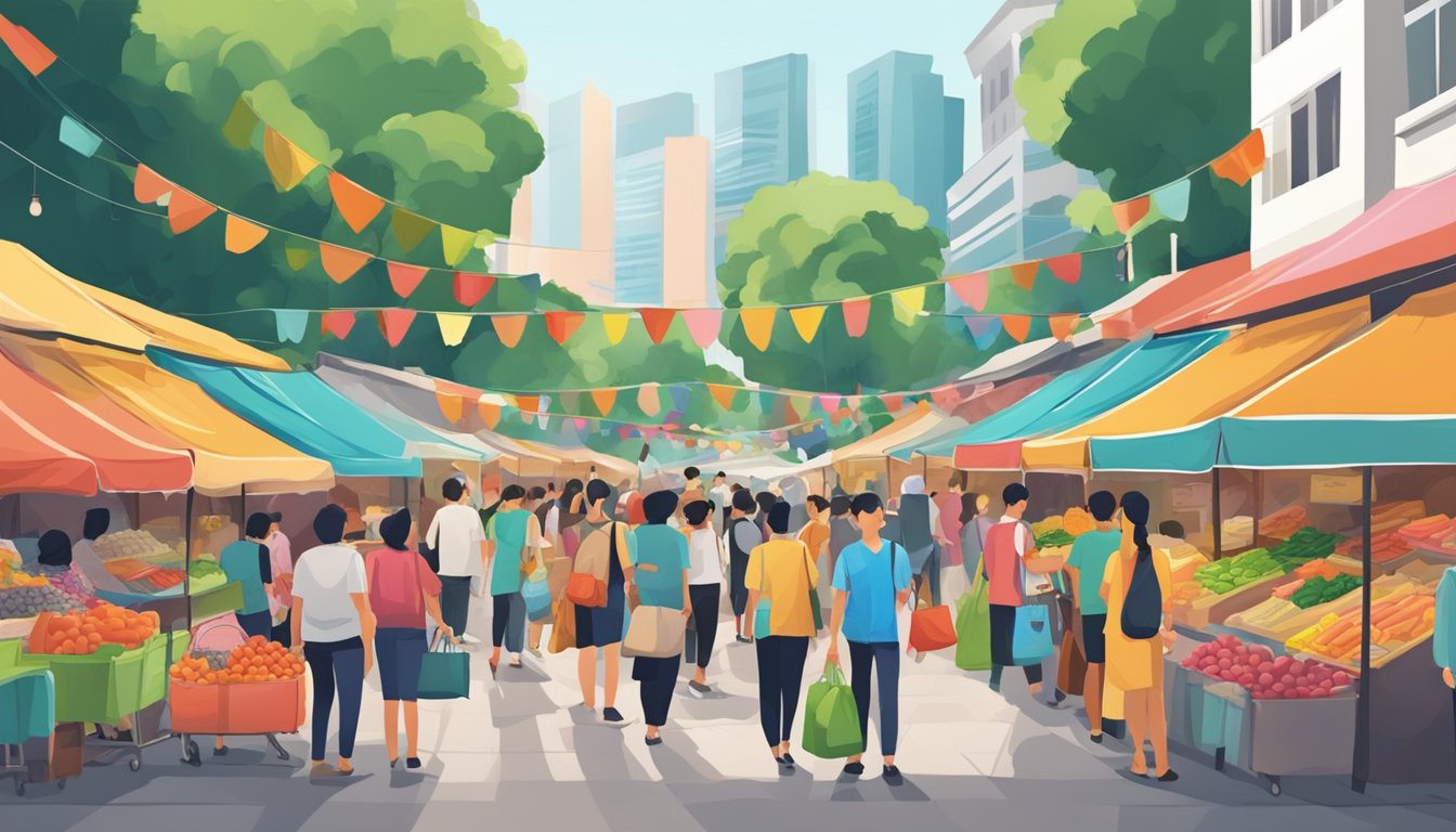 A bustling street market in Singapore, with colorful local brand bags displayed on vibrant stalls, surrounded by eager shoppers
