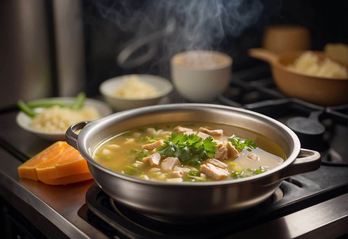 A pot of Chinese chicken soup sits on a stove. A microwave nearby is set to reheat a bowl of soup. Ingredients like ginger and scallions are visible