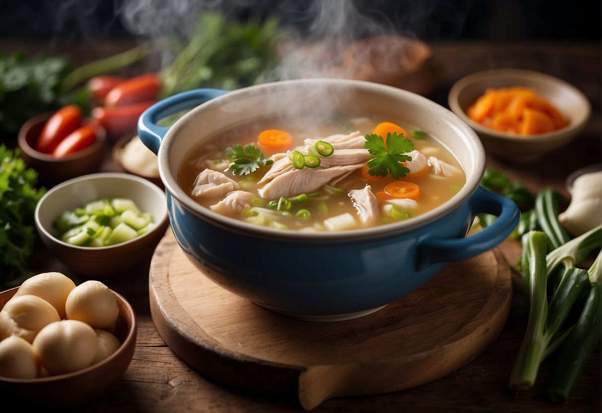 A steaming pot of Chinese chicken soup surrounded by fresh ingredients and a recipe card