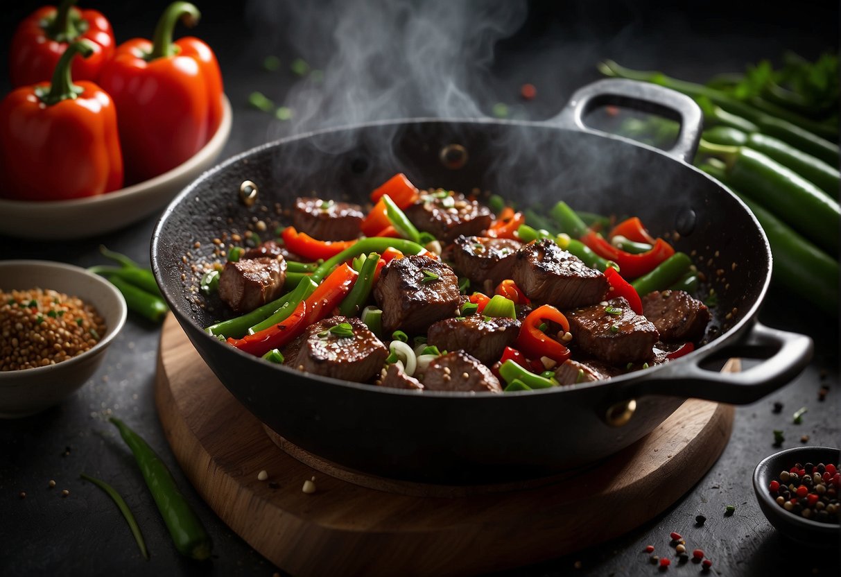 A sizzling black pepper steak sizzles in a hot wok, surrounded by vibrant green scallions, red bell peppers, and a sprinkling of aromatic black peppercorns