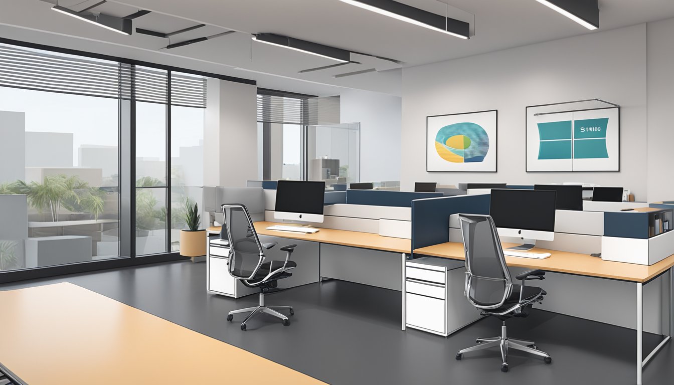 A sleek, modern office space with minimalist decor and Sin Brand Apparel logo prominently displayed on the wall