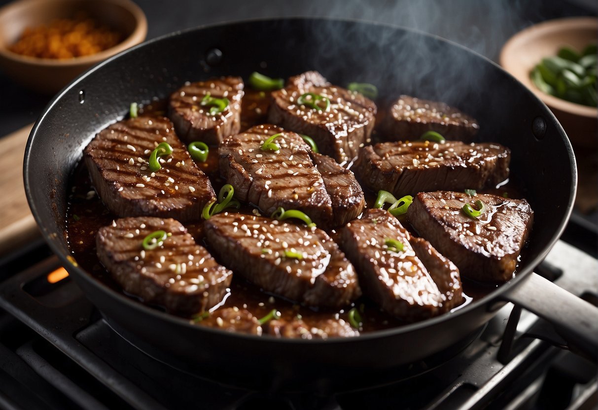 Sizzling steak in a wok with black pepper sauce, then transferring to a container for storage. Later, reheating in a microwave