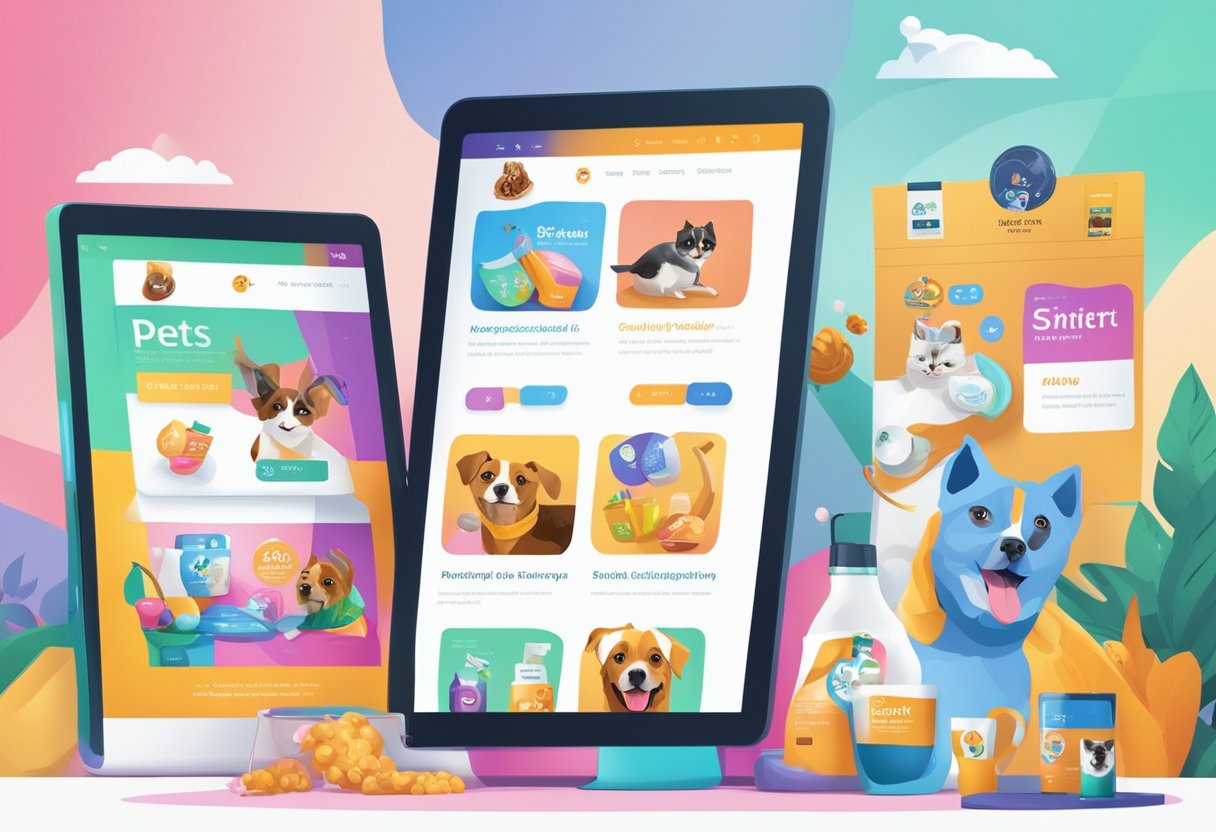 Pets and pet-related products displayed on a vibrant, interactive website. Social media logos and promotional banners surround the event details