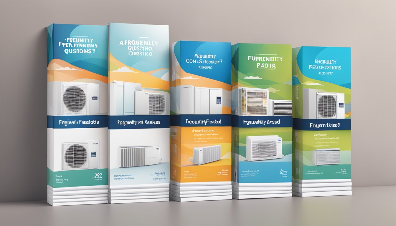 A stack of brochures featuring popular aircon brands with a bold "Frequently Asked Questions" heading