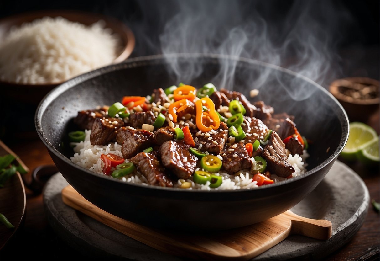 A sizzling wok with Chinese black pepper steak, surrounded by vibrant ingredients and a steaming bowl of rice