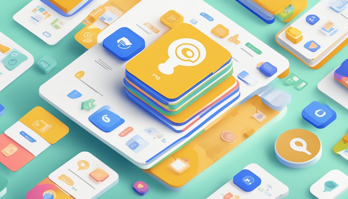A stack of FAQ cards with the brand logo, surrounded by customer service icons and a helpful chatbot