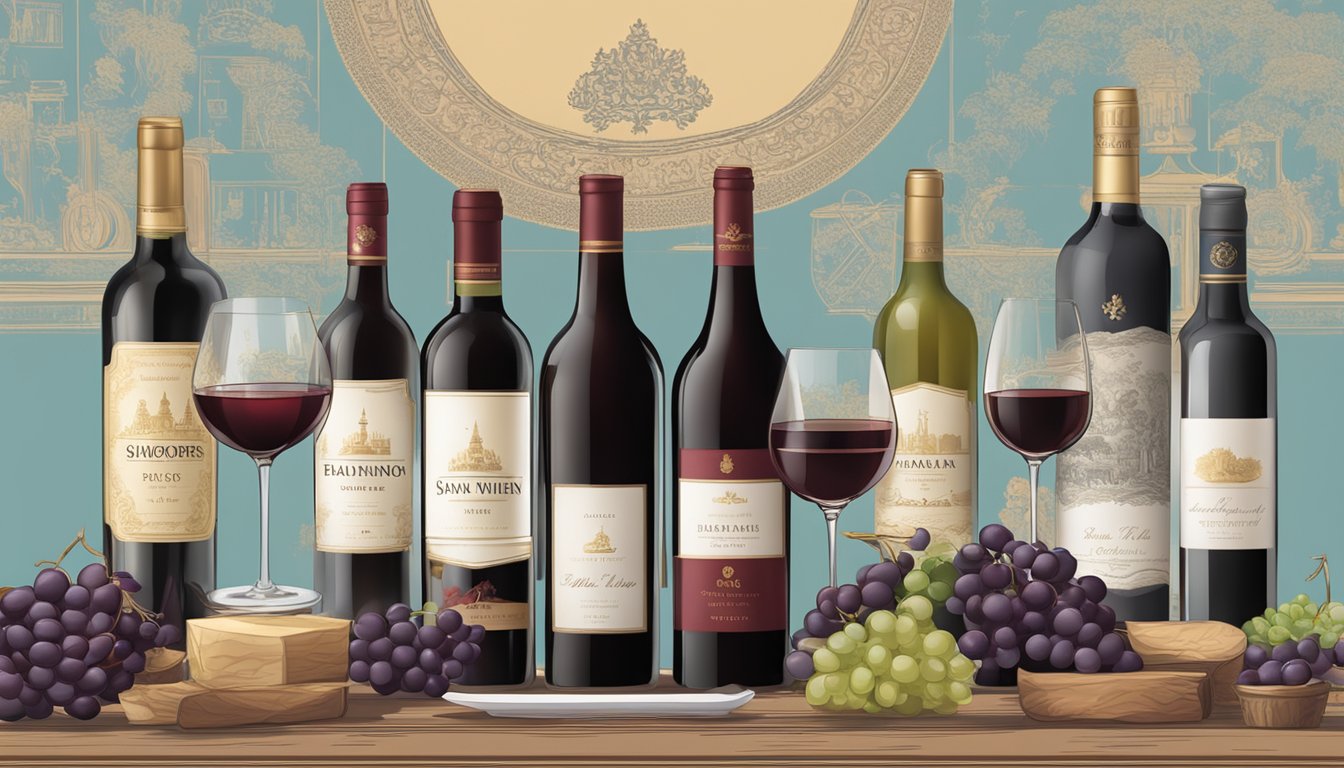 A table adorned with bottles of red wine from various Singaporean brands, with elegant labels and glasses ready for tasting