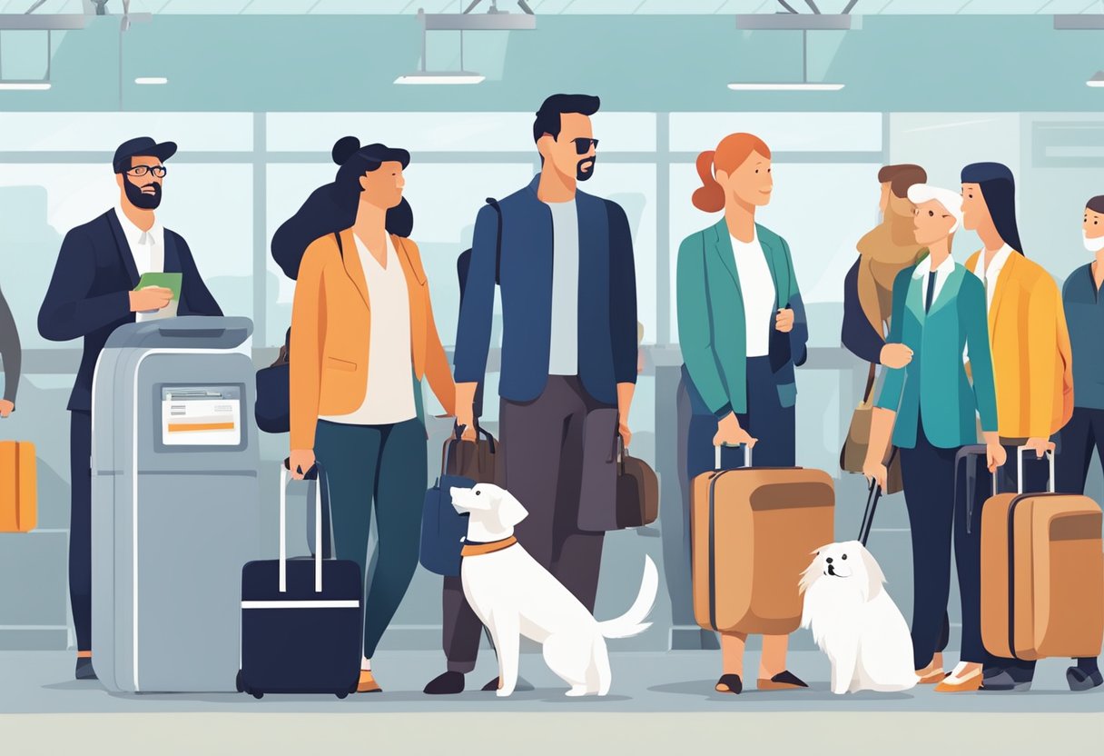Passengers lining up at airport check-in counters with luggage, boarding passes, and pet carriers. Airlines staff assisting with pet travel documentation