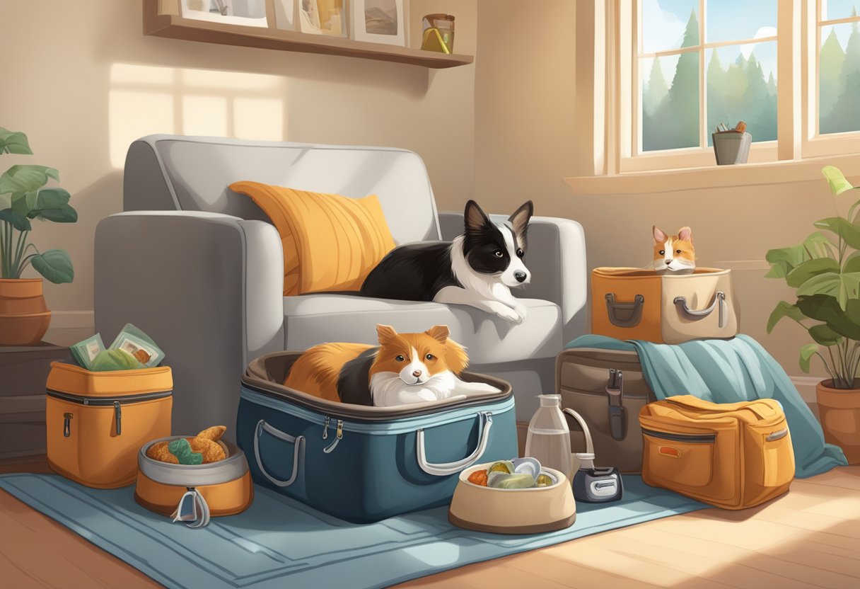 Animals in pet carriers with travel documents, food bowls, and bedding in a cozy, well-lit room