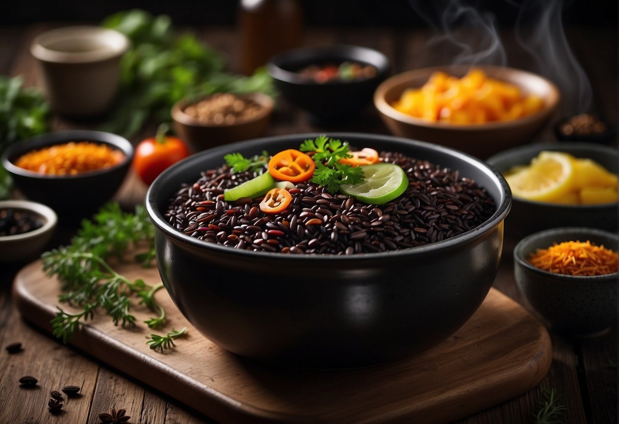 A steaming pot of cooked Chinese black rice with vibrant vegetables and aromatic spices on a wooden table