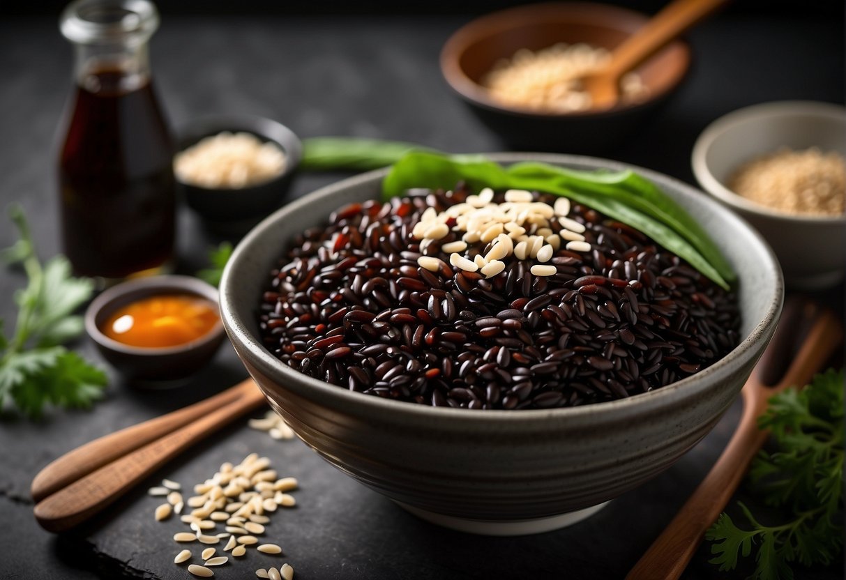 A bowl of cooked Chinese black rice with a wooden spoon, surrounded by ingredients like vegetables, soy sauce, and sesame oil on a kitchen counter