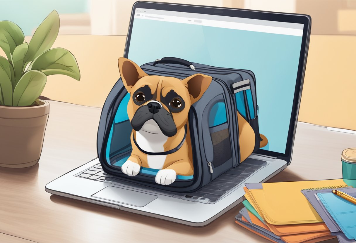 A pet carrier sits open on a table, filled with travel documents and pet supplies. A laptop displays an online pet travel planning website