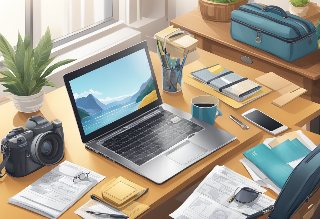 A desk with a laptop, travel documents, and legal papers. A pet carrier and travel accessories are nearby