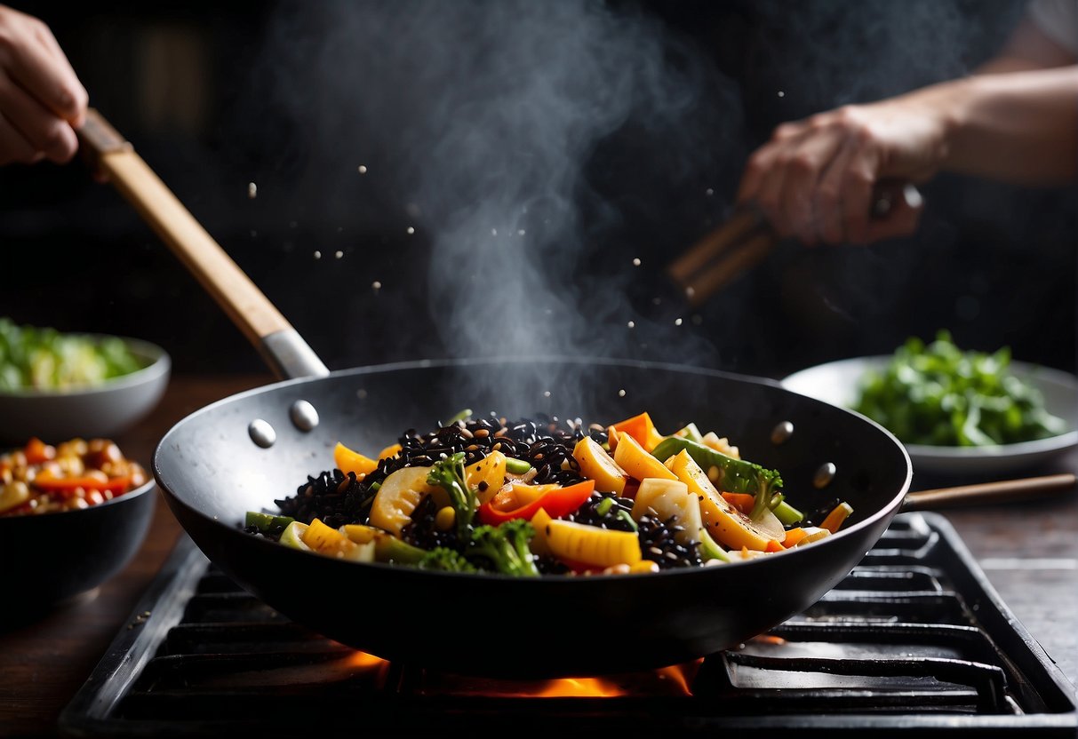 A wok sizzles with stir-fried vegetables and black rice. Steam rises as the chef adds soy sauce and spices