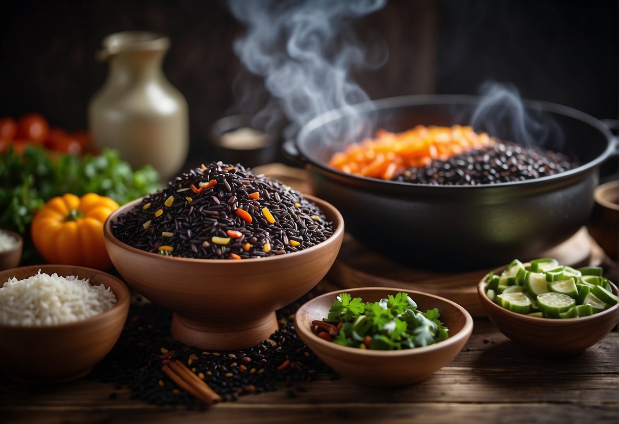 A steaming pot of Chinese black rice with colorful vegetables and aromatic spices, surrounded by bowls of additional ingredients for recipe variations