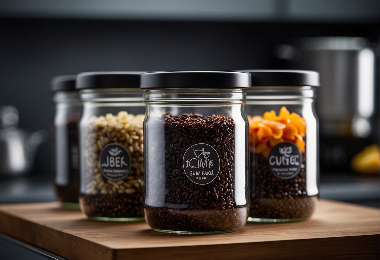 A glass container filled with cooked Chinese black rice, sealed with a lid. A refrigerator shelf with various labeled containers of leftovers