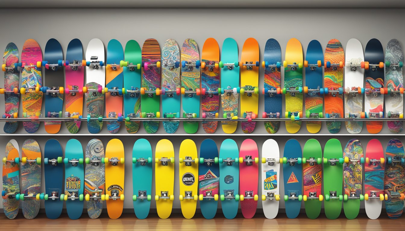 A colorful display of skate board brands arranged on a store shelf