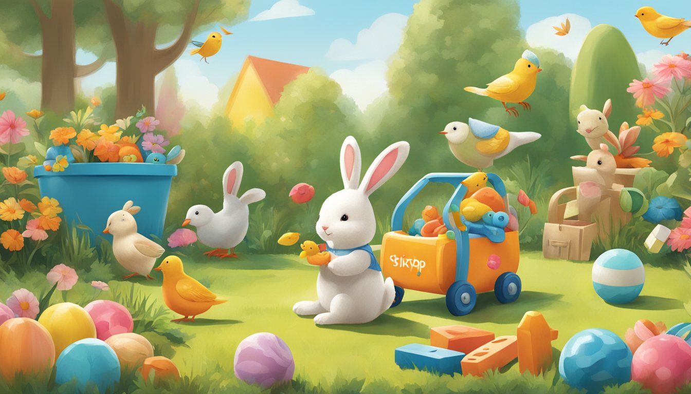 A playful bunny and a cheerful bird enjoy a sunny day in a colorful garden, surrounded by whimsical toys and products from the Skip Hop brand