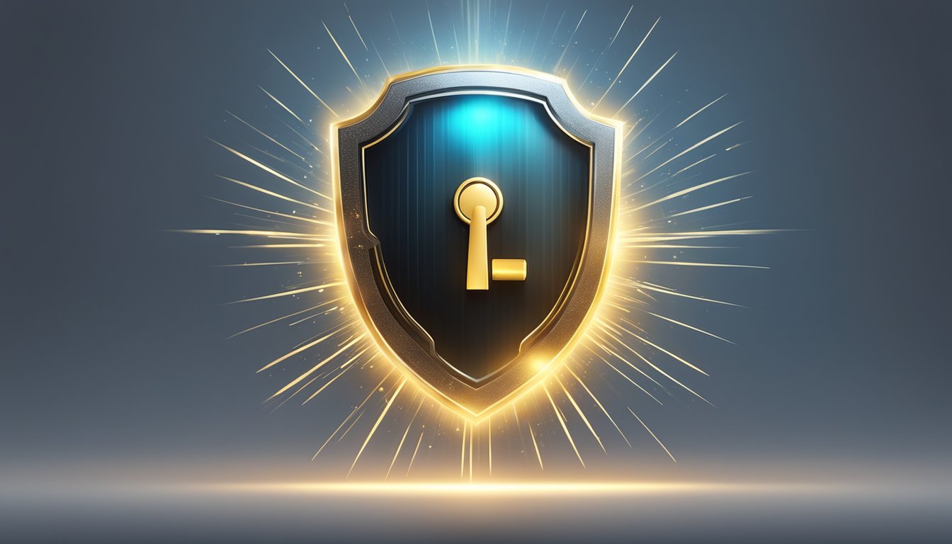 A shield with a lock and key emblem, surrounded by a glowing force field, symbolizing smart brand protection