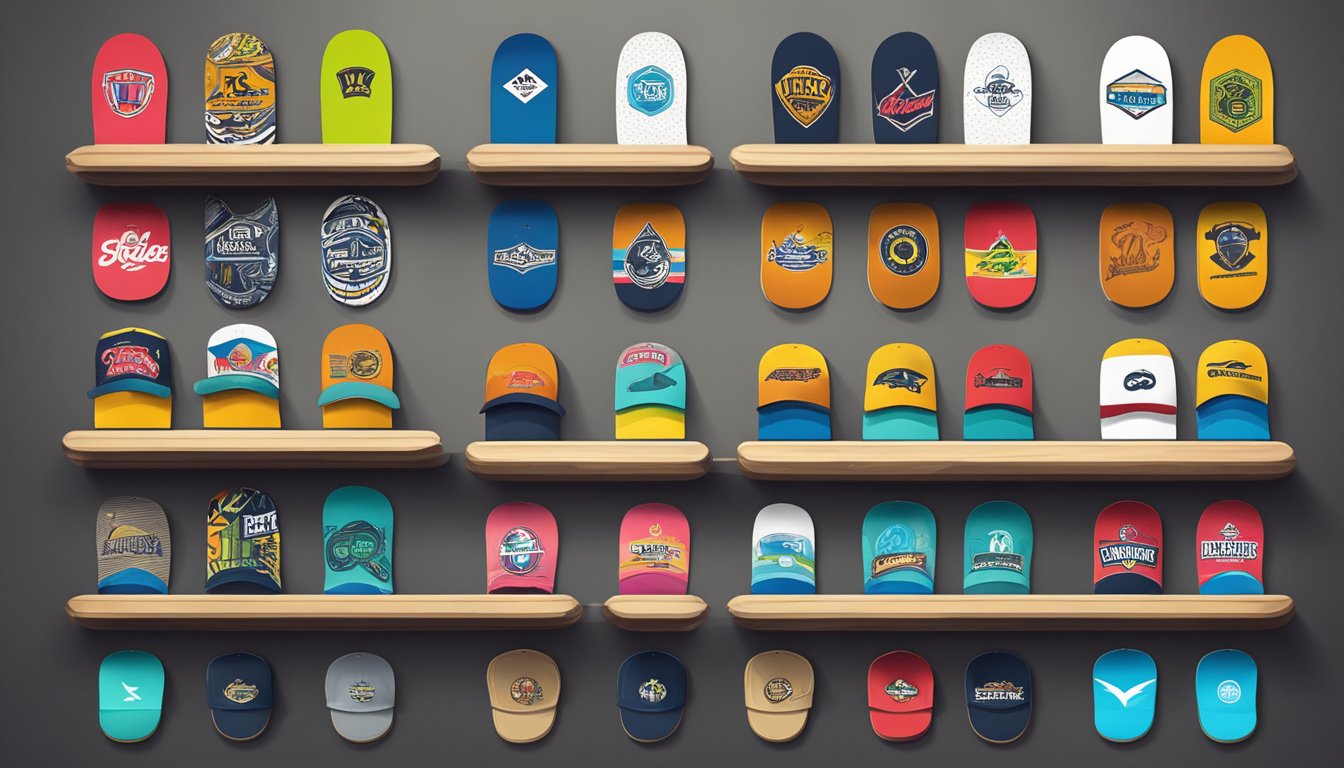 A collection of iconic skateboard brands' logos displayed on a wall in a skate shop