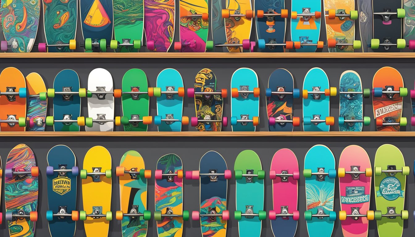 A variety of skateboard brands displayed on a shelf, including decks, wheels, and trucks. Bright colors and bold graphics catch the eye