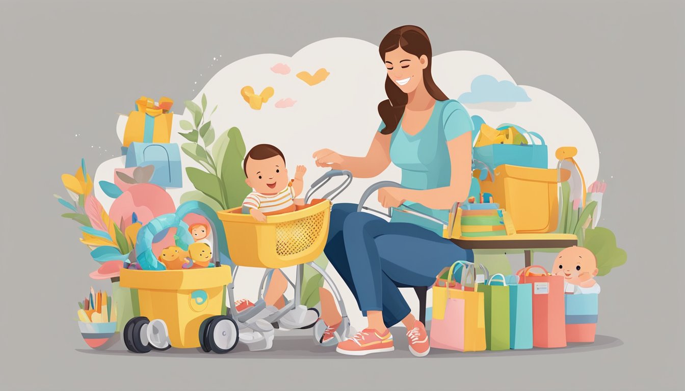 A cheerful customer service representative assists a parent with a Skip Hop product, surrounded by colorful and engaging baby items
