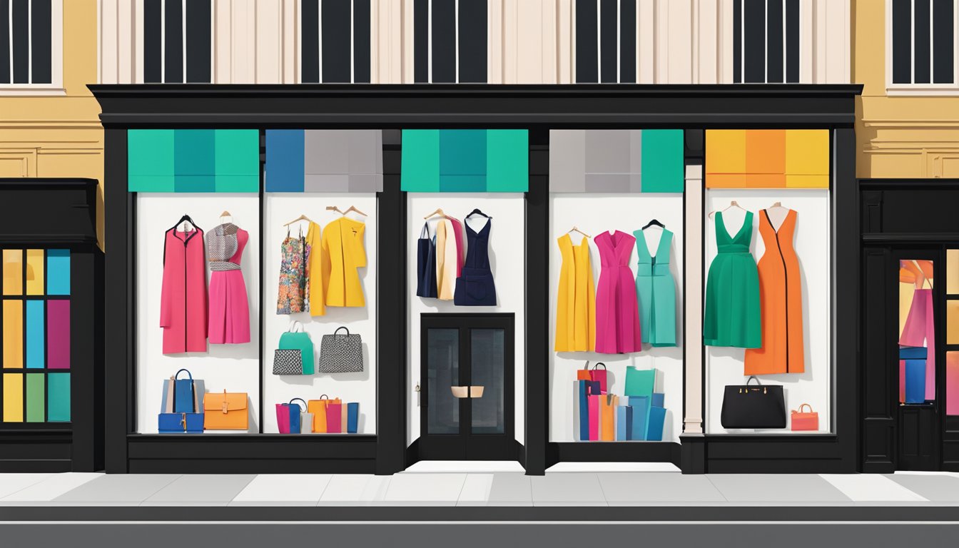 Various Rent the Runway brand logos displayed on a sleek storefront window. Bold, modern typography and vibrant colors catch the eye