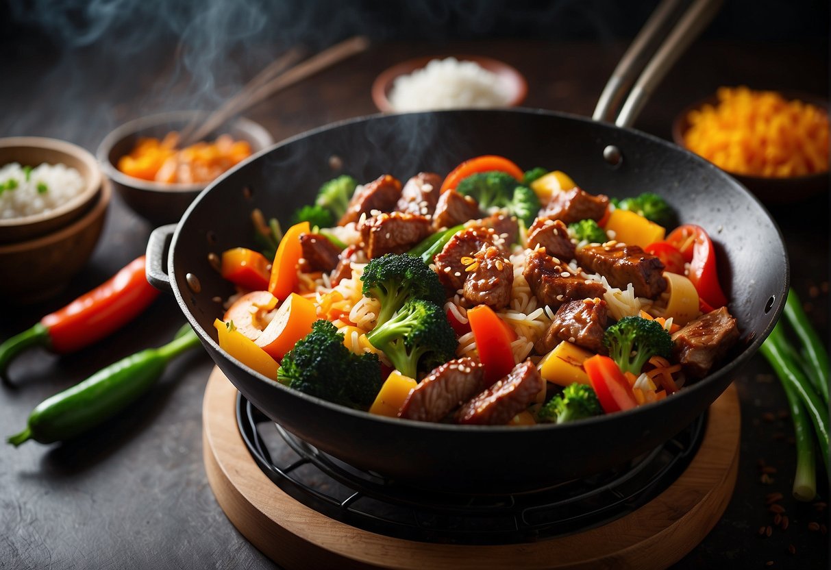 A wok sizzles with colorful veggies and meat. A bowl of rice sits nearby. A cookbook open to simple Chinese recipes