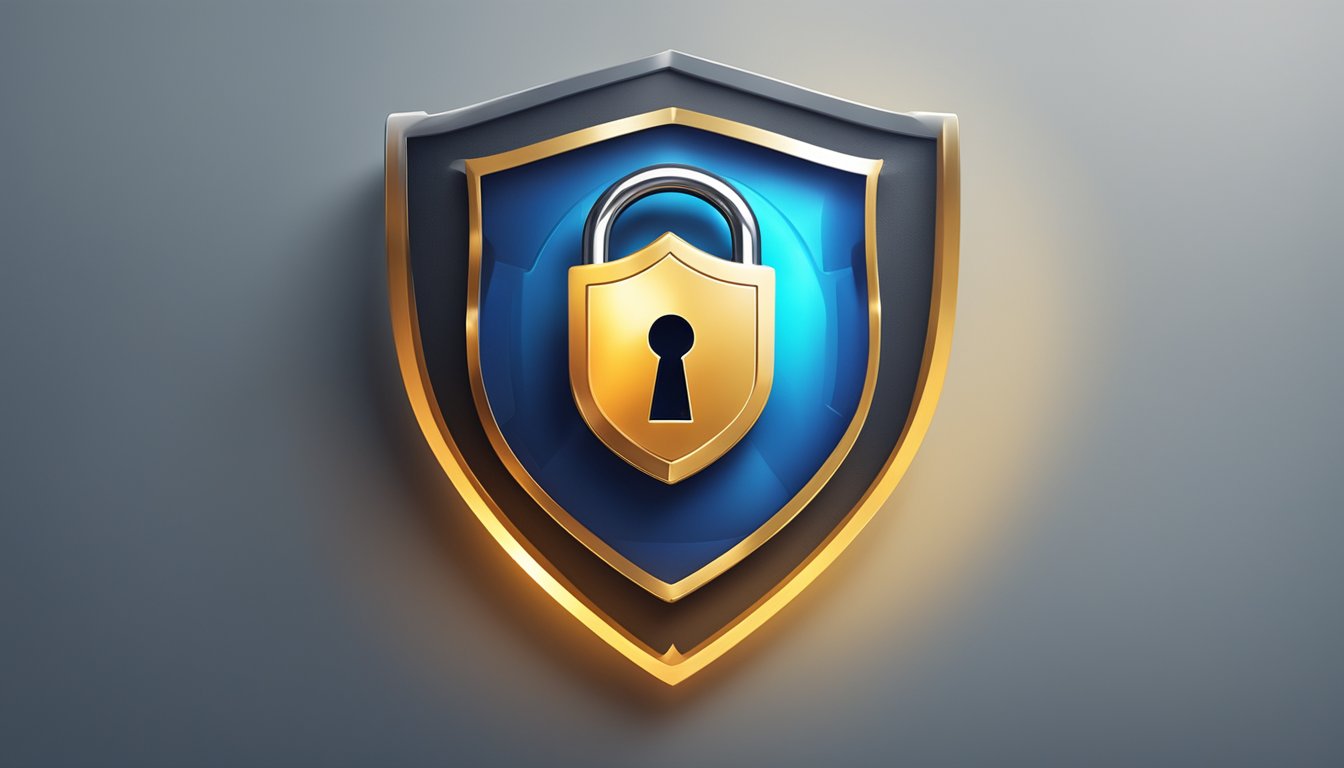 A shield with a lock symbol protects a glowing brand logo from potential threats