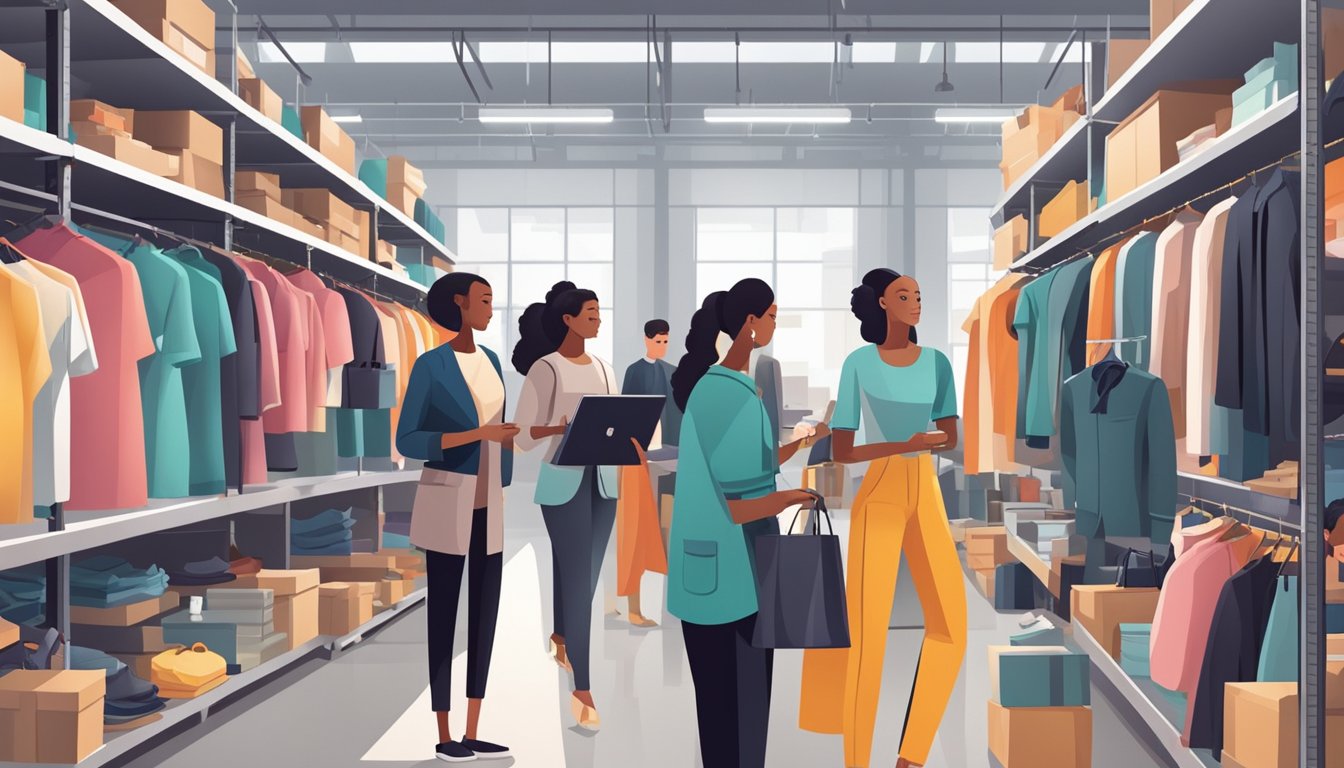 A bustling warehouse with rows of designer clothing on racks, workers bustling to fulfill orders, and a sleek app interface for customers to browse and rent fashion