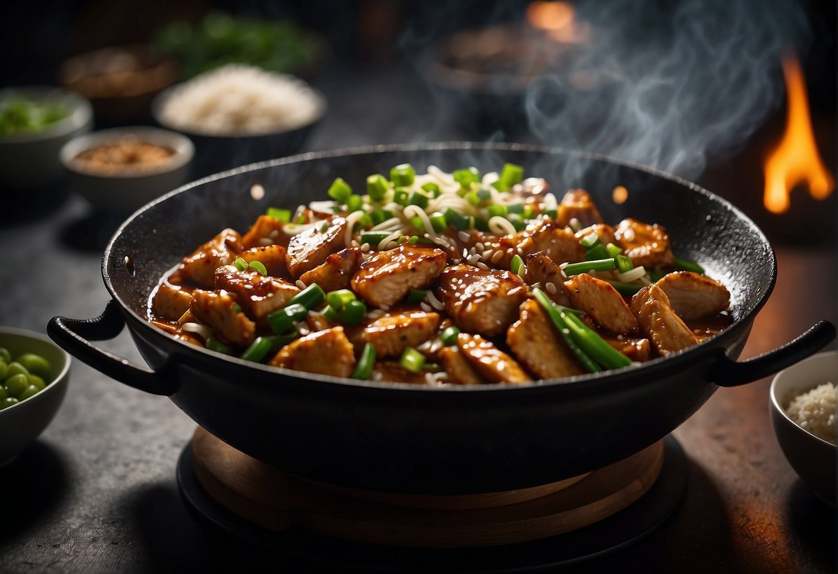 A wok sizzles as chicken simmers in dark soy sauce, ginger, and garlic. Green onions and sesame seeds garnish the savory dish