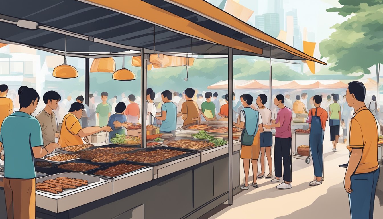 Customers line up at hawker stalls in Singapore, selecting from a variety of BBQ food options such as satay, grilled seafood, and marinated meats