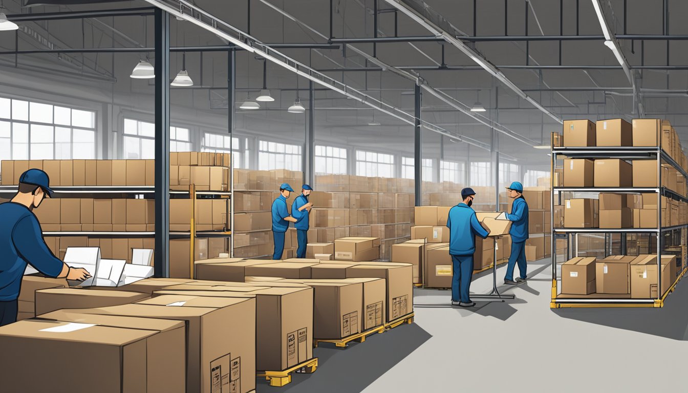 A busy warehouse with rows of labeled clothing racks and workers preparing packages for shipping