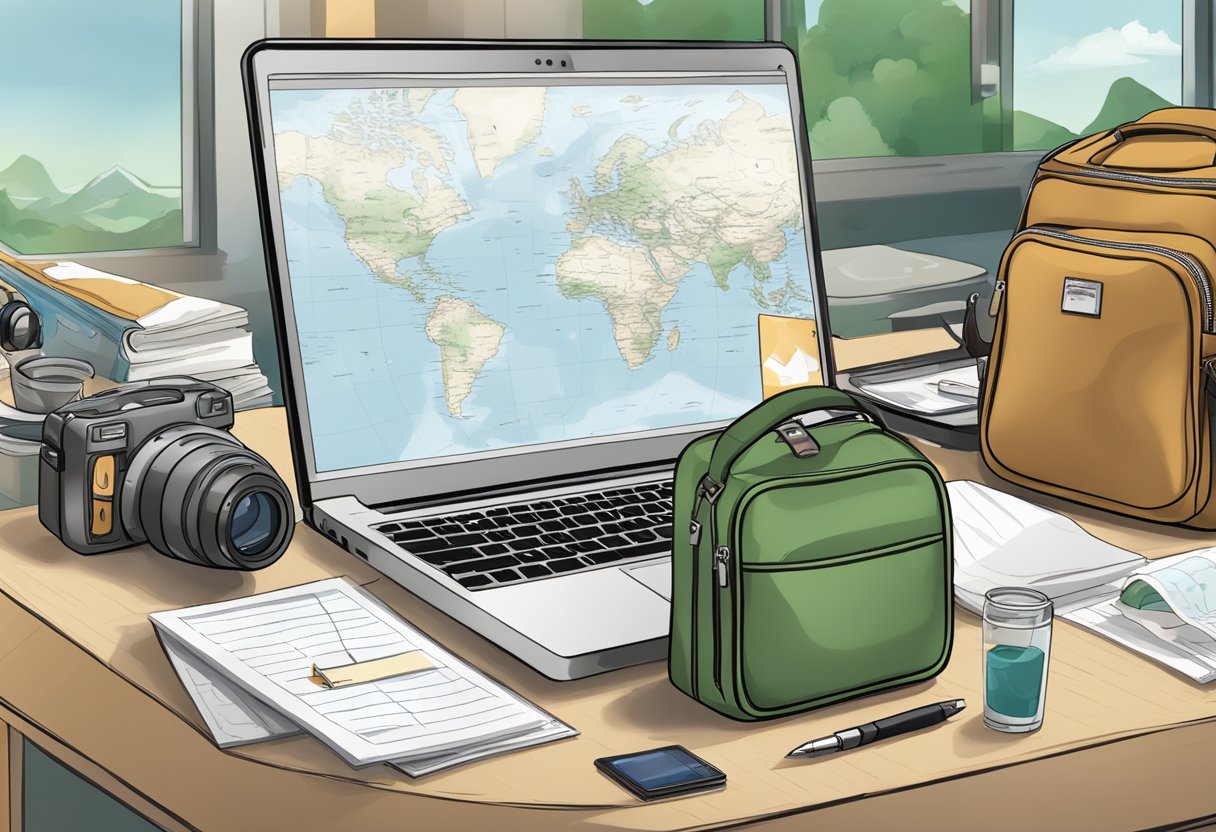 A map, laptop, and pet carrier on a table with a checklist of travel essentials