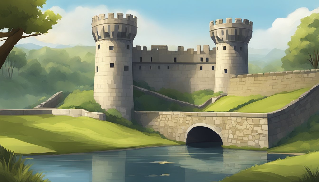 A shield with a fortified wall, surrounded by a moat and guarded by a vigilant watchtower