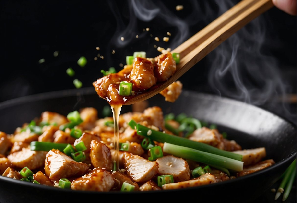 A sizzling wok with diced chicken, garlic, and ginger. A dark, glossy sauce being poured over the ingredients. Green onions and sesame seeds sprinkled on top