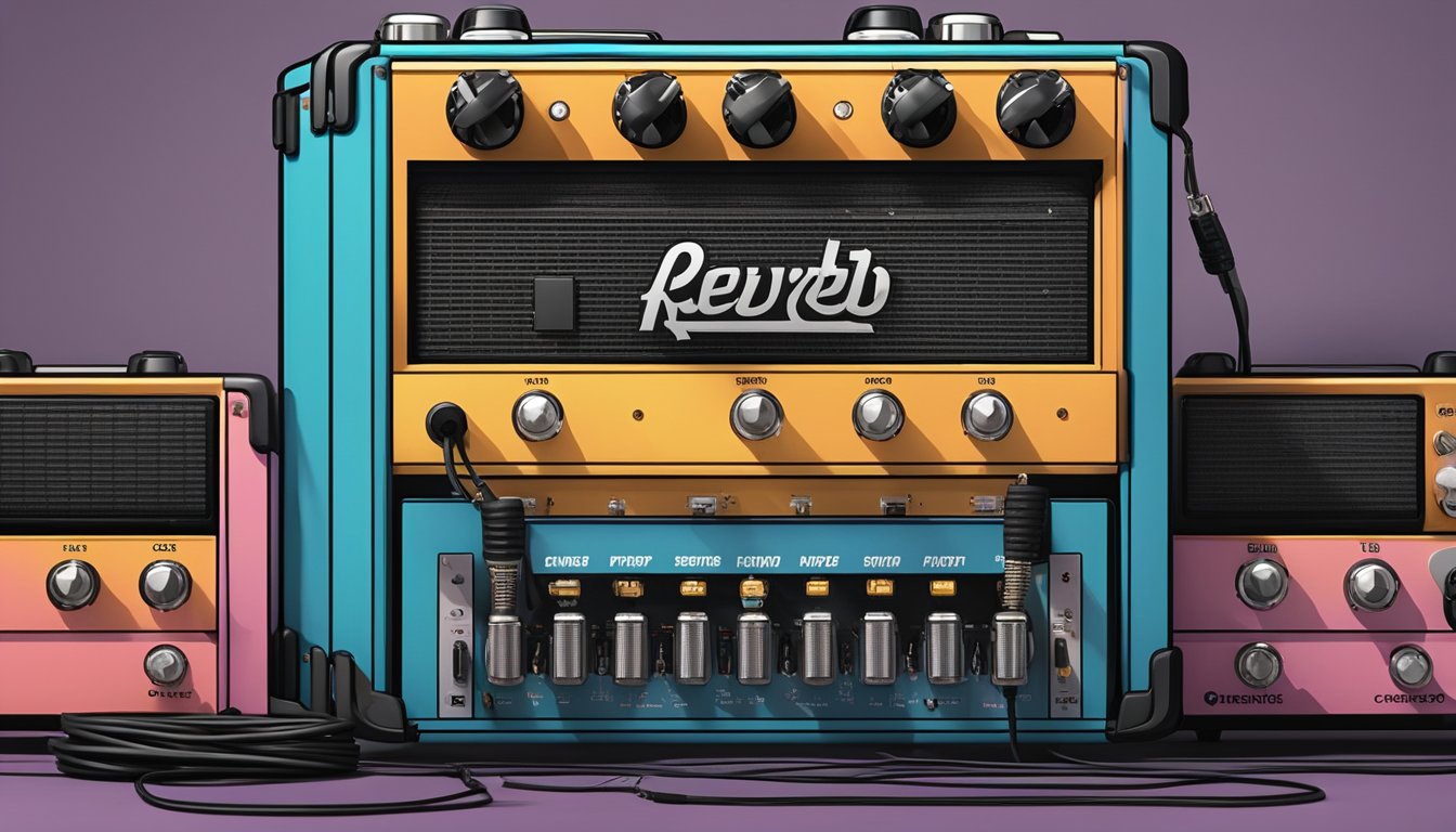 A colorful guitar pedal sits on a stage, surrounded by amplifiers and cables. The Reverb brand logo is prominently displayed on the front