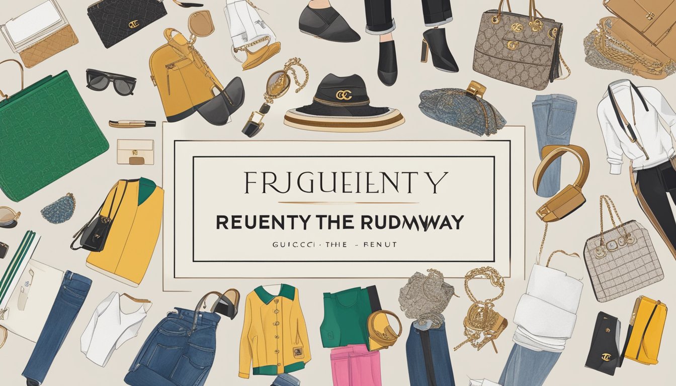Various brand logos (e.g. Chanel, Gucci) displayed on a digital screen, with text "Frequently Asked Questions rent the runway" below