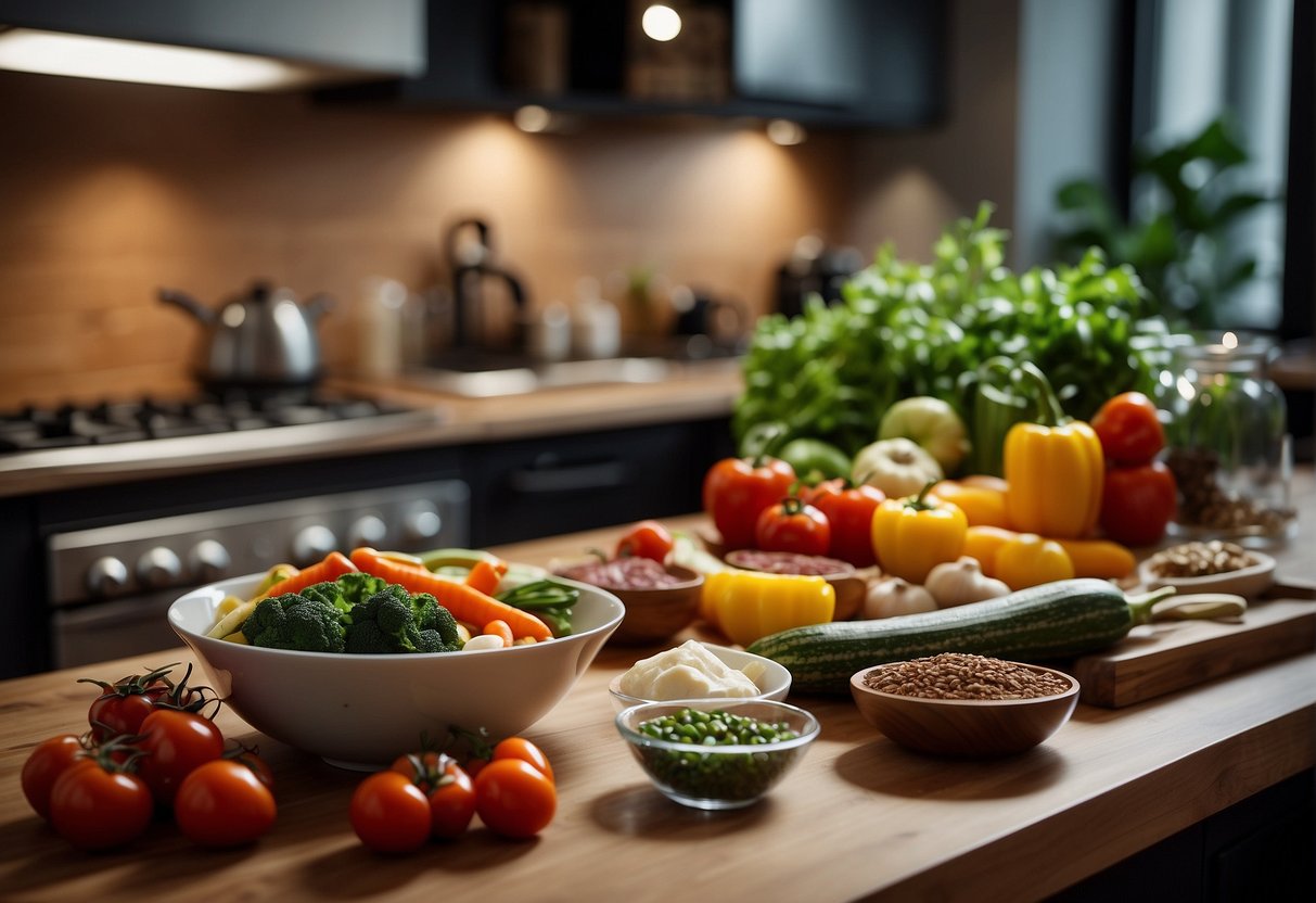 A kitchen counter with fresh vegetables, meats, and spices. Nearby, a wok, chopping board, and various cooking utensils