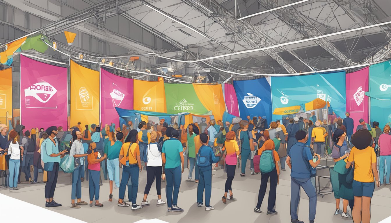 Colorful banners and signs adorn a bustling event space, with people interacting and engaging with various promotional activities for the Reverb brand