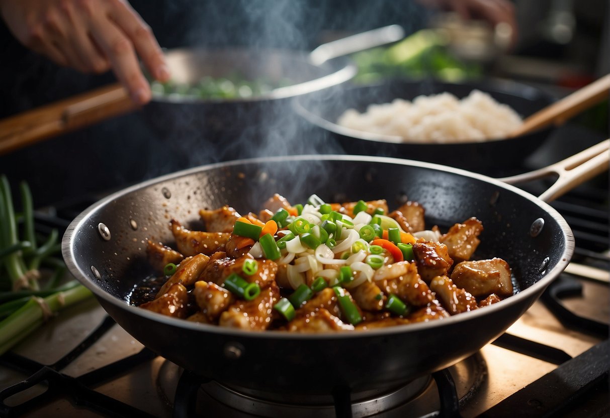 A wok sizzles as chicken is stir-fried in Chinese black sauce with ginger, garlic, and green onions. Steam rises, filling the kitchen with savory aromas