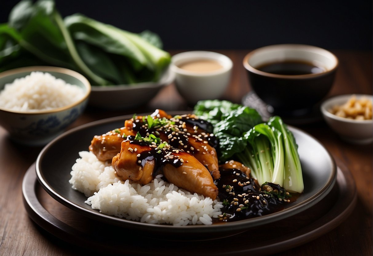 A platter of Chinese black sauce chicken, surrounded by steamed rice, bok choy, and a side of ginger soy dipping sauce