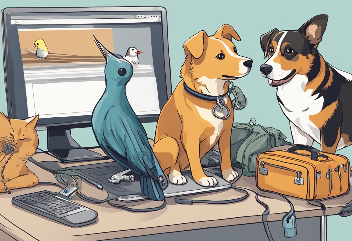Different pets gather around a computer screen, each with their own travel essentials. A dog with a leash, a cat with a carrier, and a bird with a perch. They are all excitedly preparing for their upcoming journey